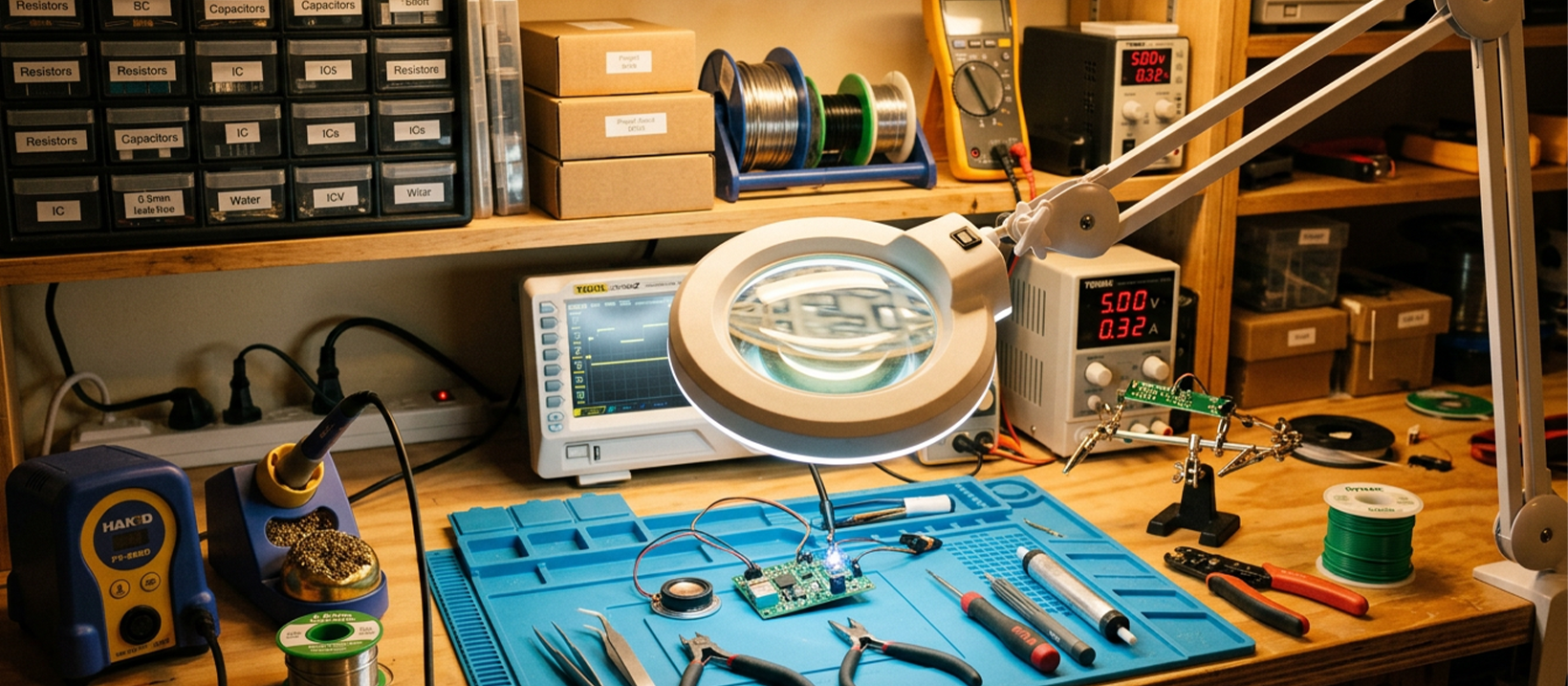 Electronics workbench with magnifier lamp and inspection tools in use